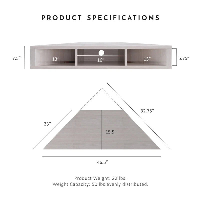 Meuble TV d'angle flottant de 119 cm, 3 étagères, style transitionnel, fixation murale gain de place