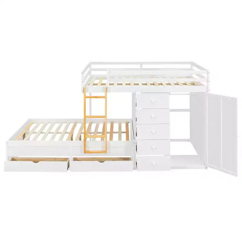 Lit superposé double sur double avec armoire de rangement et tiroirs, lit superposé double en bois peu encombrant avec garde-corps pour appartement, chambre à coucher