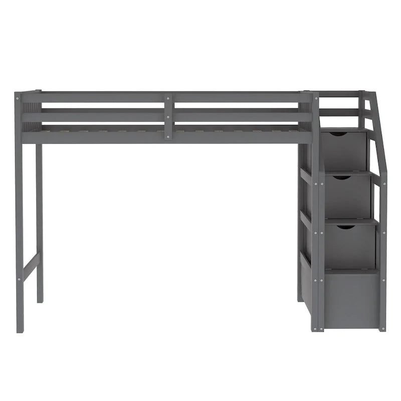 Lit mezzanine double sur lit double en bois avec escalier, balustrades hautes et échelle