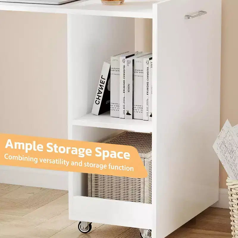 Bureau extensible MooxvMoo avec étagères de rangement et roulettes mobiles, table d'ordinateur pliable pour petits appartements et bureaux à domicile, blanc