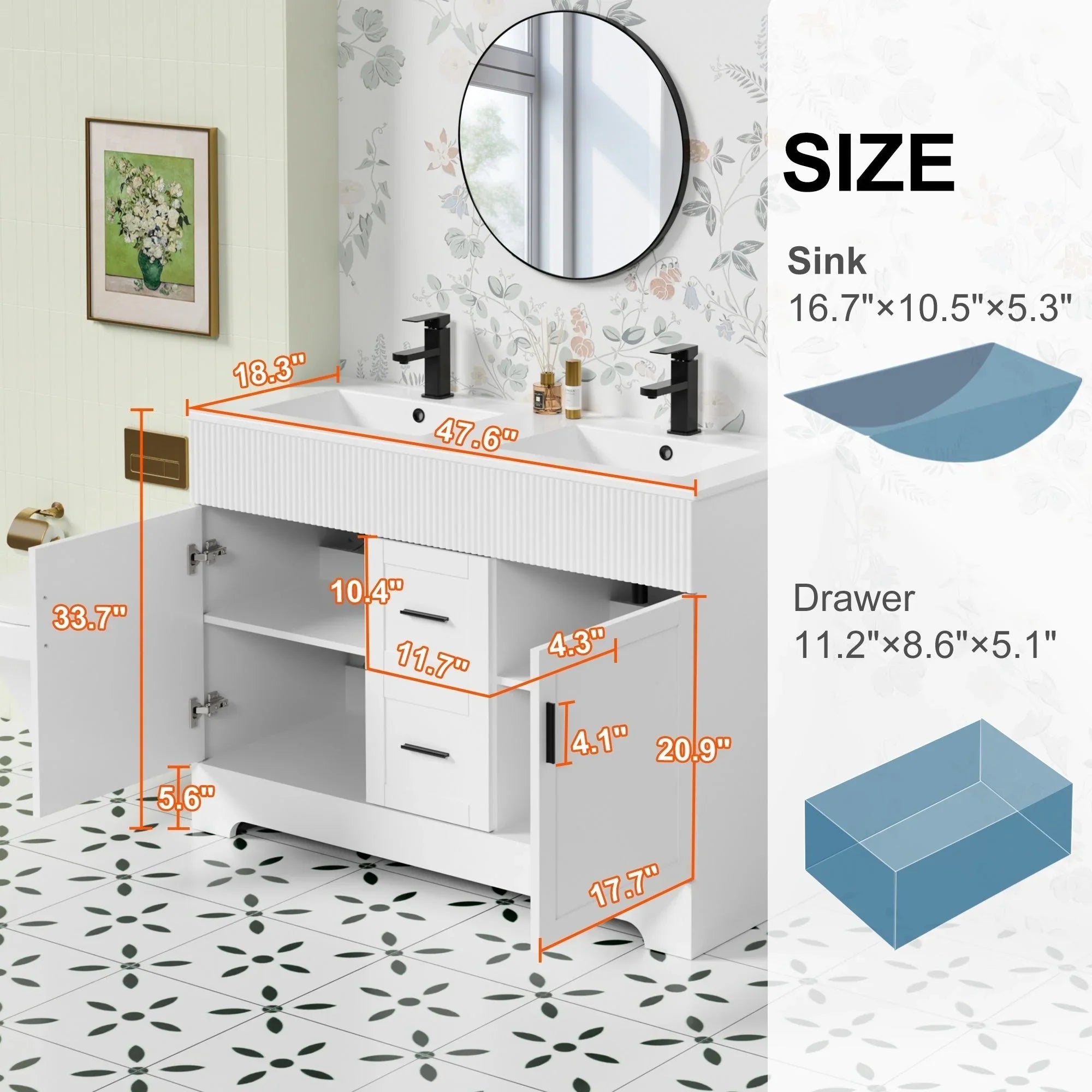 Meuble-lavabo de salle de bain Wavy Line 30/36/48 avec évier et robinet
