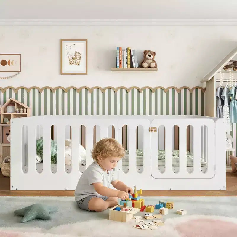 Lit Montessori Jumeau Blanc au Sol avec Barrières et Porte – Bois Massif, 1 Enfant
