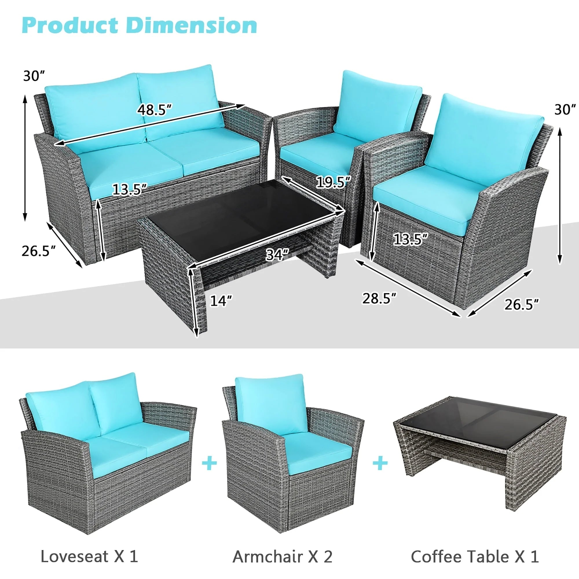 Ensemble de 4 pièces de canapé de patio avec table basse, salon de jardin