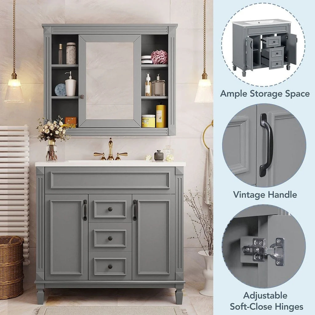 Meuble-lavabo de salle de bain moderne de 91 cm avec lavabo et armoire de toilette, 2 portes et 2 tiroirs