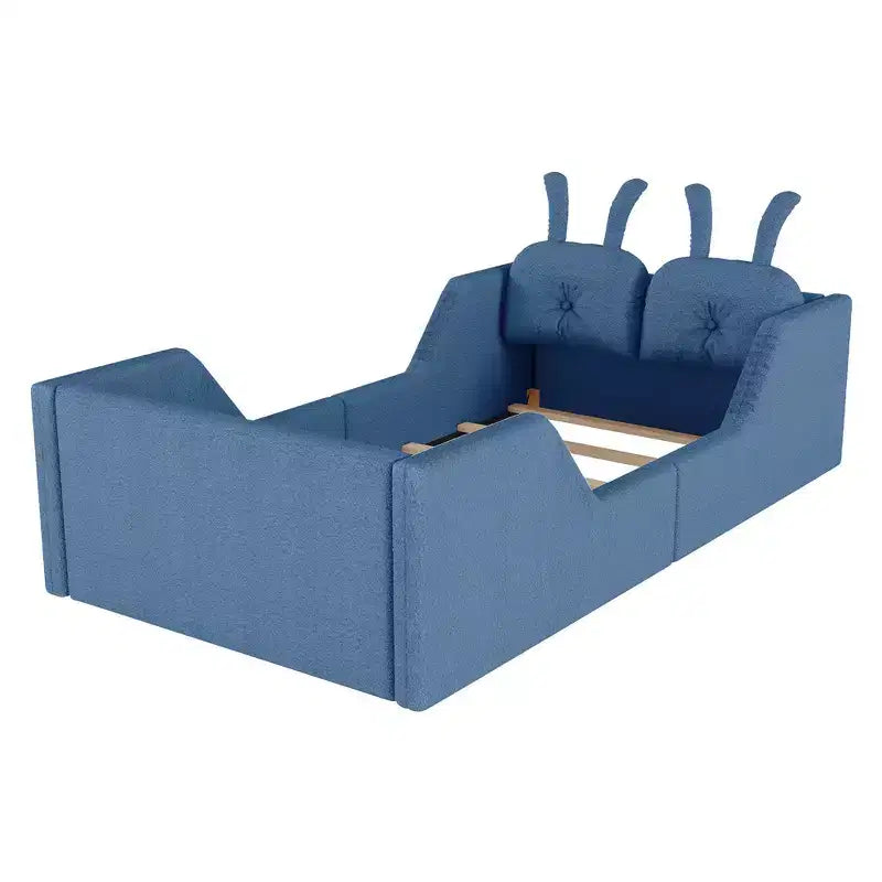 Lit plateforme double Whisen, cadre de lit rembourré pour enfants avec coussin lapin, barrières latérales amovibles