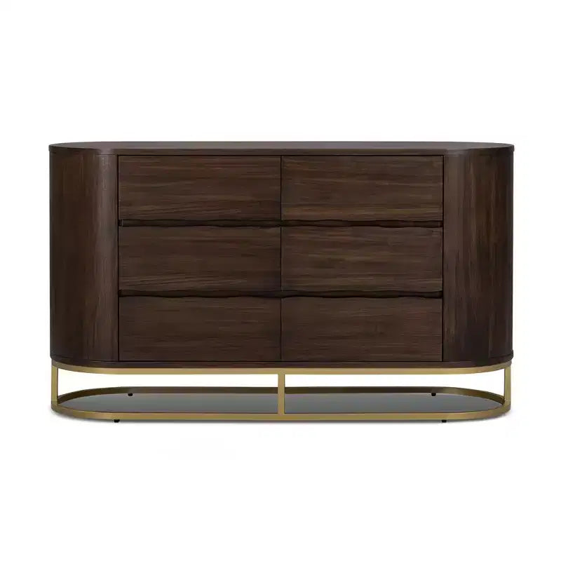 Commode moderne à 6 tiroirs avec plateau Live Edge, piètement en métal et construction en bois mélangé durable