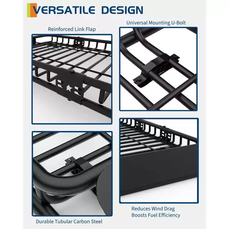 Panier de toit universel robuste - Construction en acier, capacité de 90 kg, grand porte-bagages pour VUS, voitures, camions