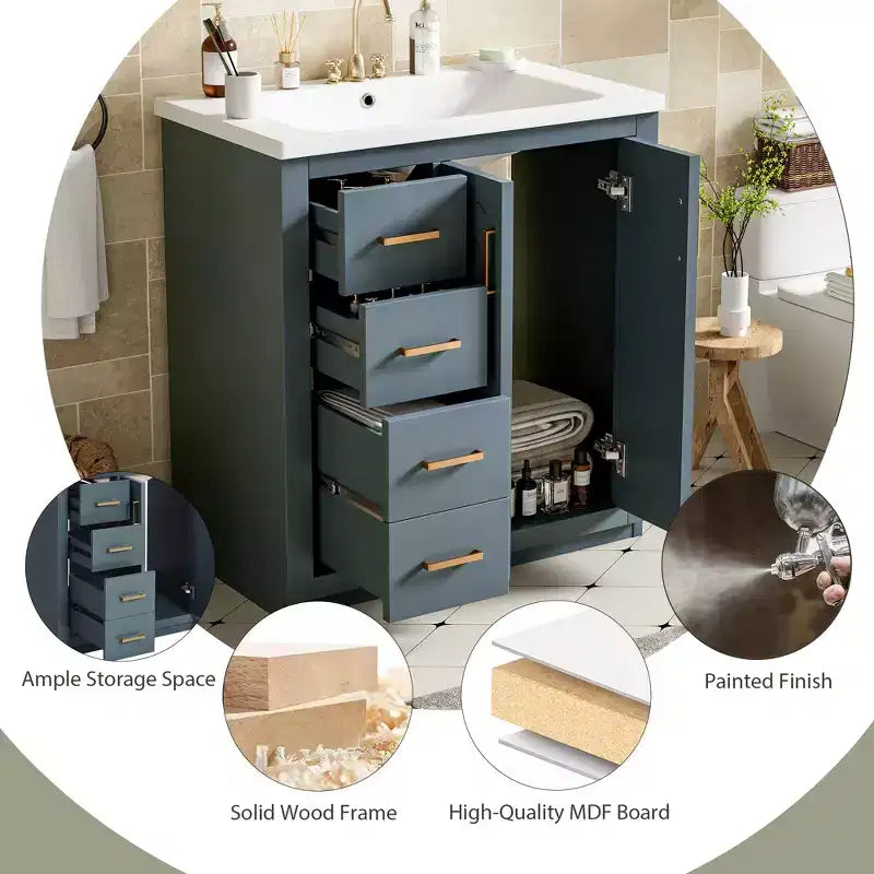 Meuble-lavabo simple de 30 po avec armoire et 3 tiroirs – Noir / Bleu / Vert / Indigo / Blanc