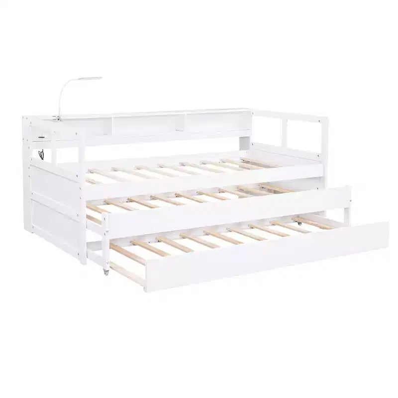 Lit de repos double XL Whisen en bois avec 2 lits gigognes, 3 compartiments de rangement, 1 lampe gratuite et port de chargement USB