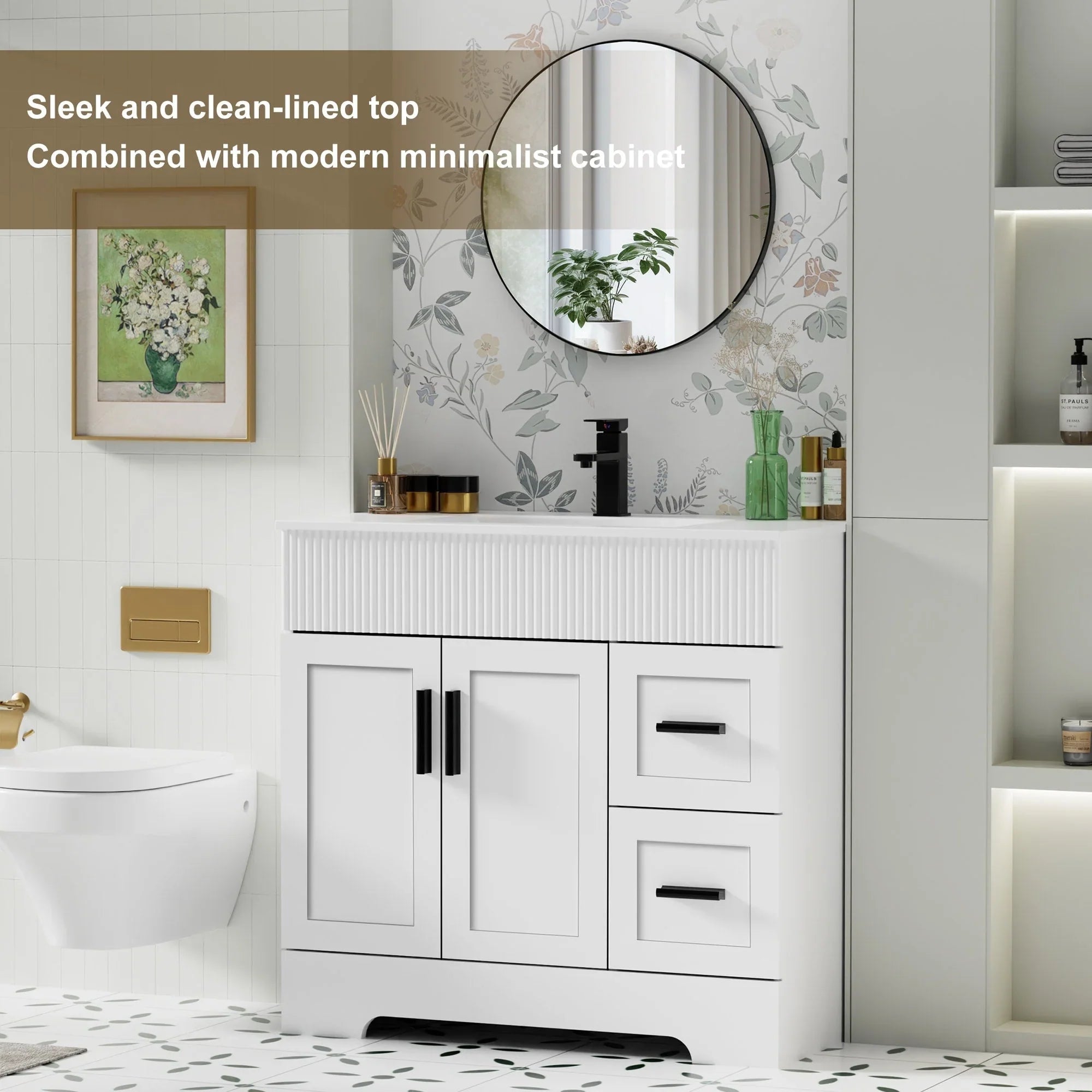 Meuble-lavabo de salle de bain Wavy Line 30/36/48 avec évier et robinet