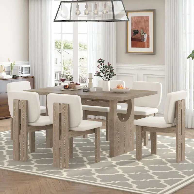 Ensemble table à manger 7 pièces, ensemble de table de cuisine en bois massif avec table rectangulaire, base en tréteaux design et 6 chaises rembourrées