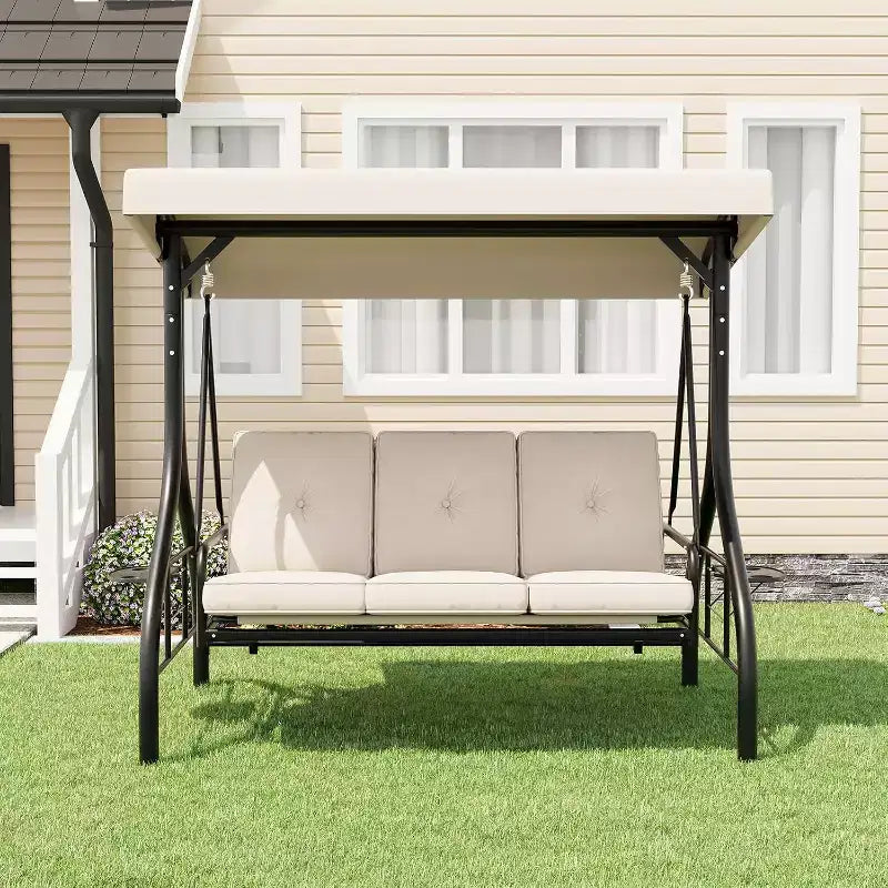 Balançoire de jardin convertible 2-en-1 à 3 places avec auvent réglable, lit de balançoire de patio avec support, coussins épais et porte-gobelets, pour jardin, cour ou porche