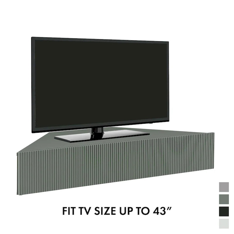 Meuble TV d'angle flottant de 119 cm, 3 étagères, style transitionnel, fixation murale gain de place