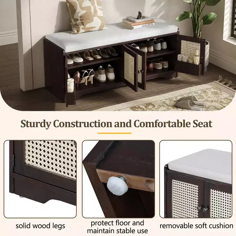 Banc de rangement rustique en bois Whisen, banc à chaussures d'entrée avec coussin amovible, étagères réglables