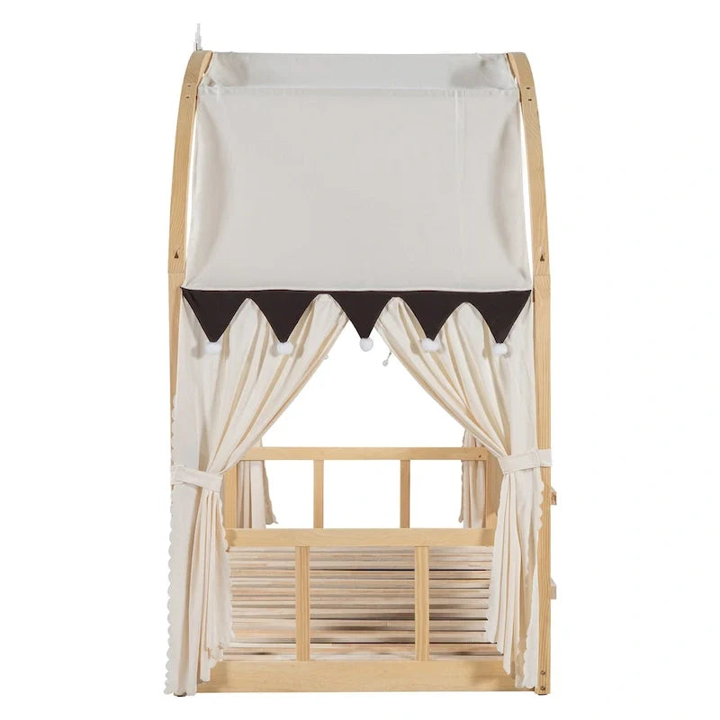 Lit cabane Montessori en bois massif avec plateforme, toit voûté et lit gigogne pour filles et garçons