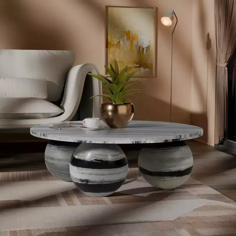 Table basse ronde en marbre avec pieds sphériques, multicolore, 4-6 places