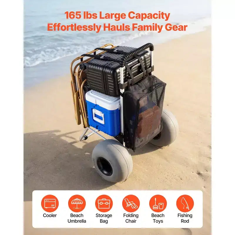 Chariot de plage VEVOR avec grandes roues pour le sable, plateforme de chargement 50,8 x 38,1 cm, chariot de sable pliant avec 2 roues ballon, capacité de charge 75 kg, argenté+noir