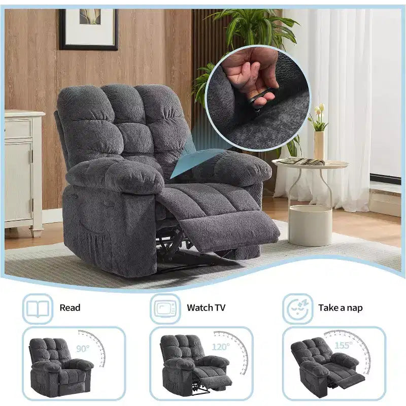 Fauteuil inclinable manuel, fauteuil inclinable ergonomique en tissu respirant avec poches latérales, canapé individuel, adapté au salon et à la chambre à coucher