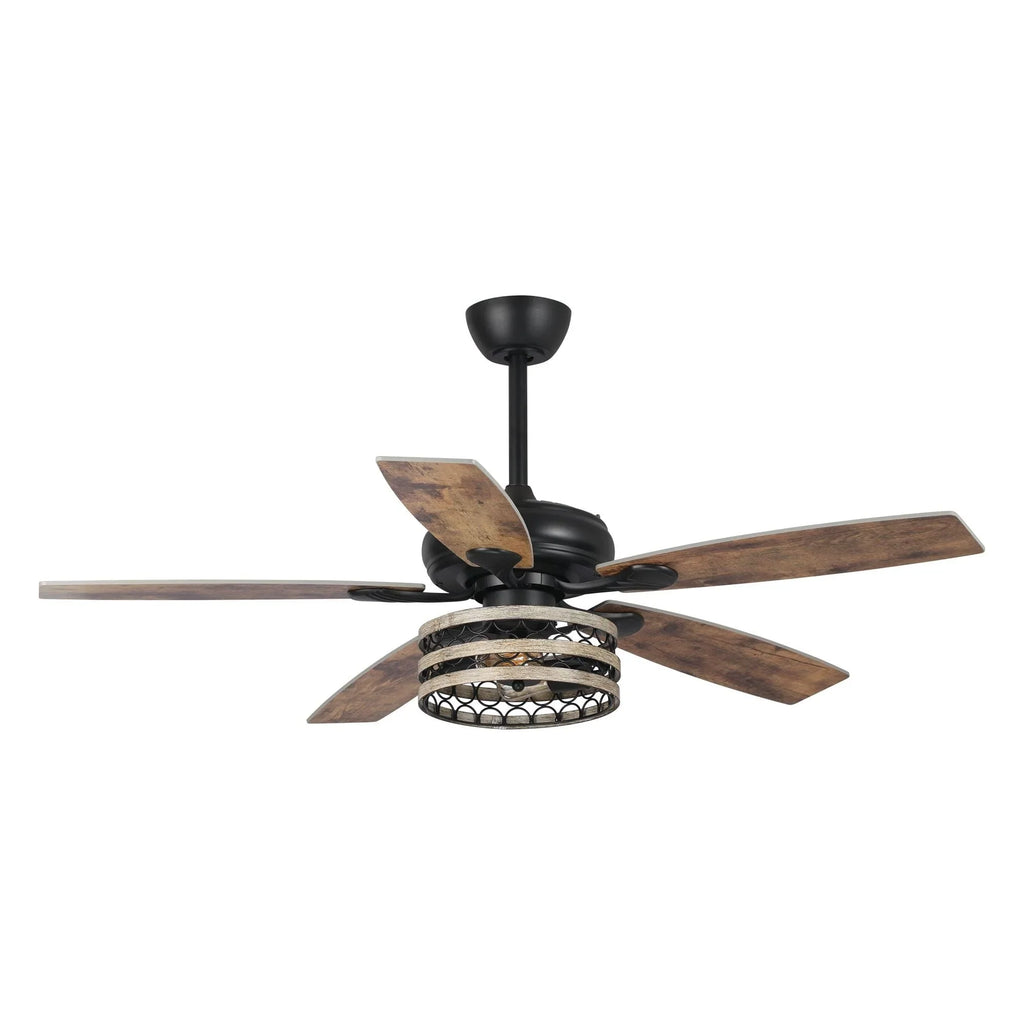 Ventilateur de plafond 52" Farmhouse Driftwood avec 5 pales, cage noire et télécommande