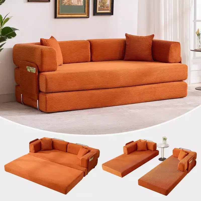 Canapé convertible, matelas pliant 5-en-1 de 78,8 po, cadre en acier à forme fixe, velours côtelé avec oreillers