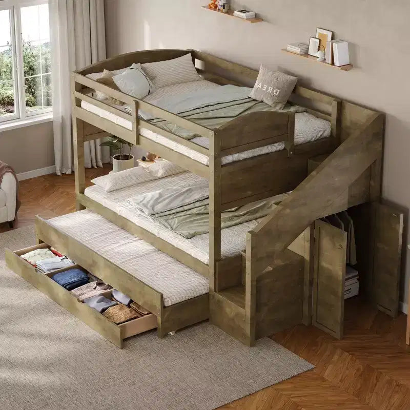 Lit superposé Whisen Twin XL avec lit gigogne, lit superposé avec rangement, lit superposé en bois massif, escalier de rangement, armoire, 3 tiroirs, pour enfants