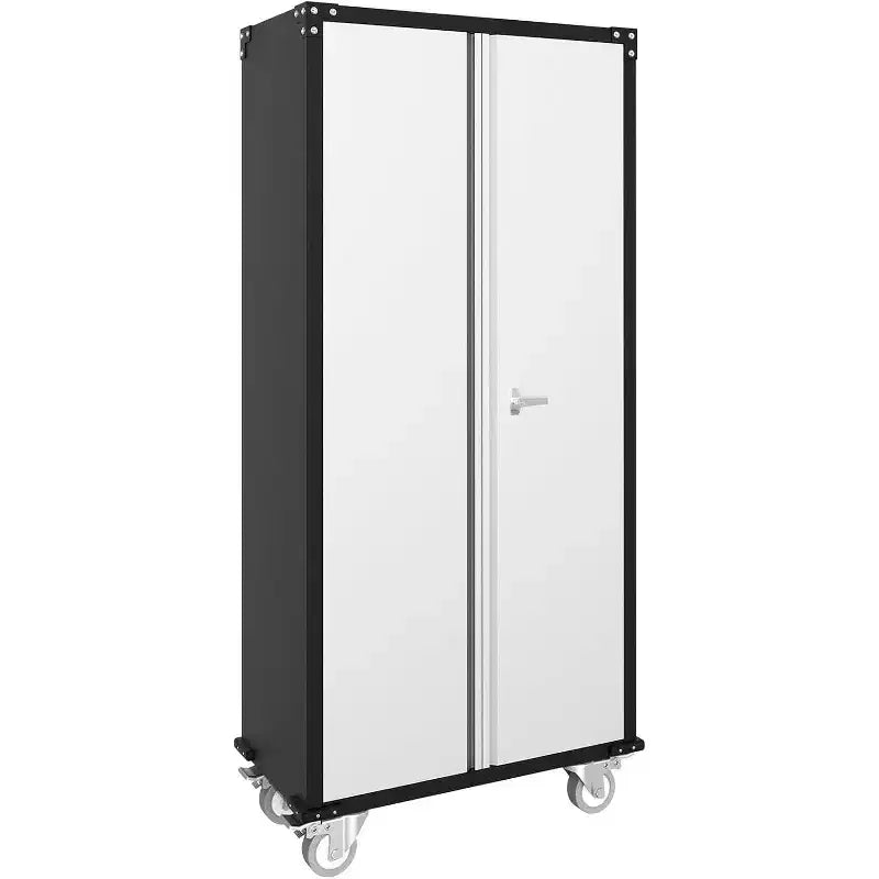 Armoire de rangement de garage avec roues et panneau perforé, armoire de rangement métallique verrouillable de 72 po de hauteur avec 2 portes et 4 étagères réglables pour atelier de garage