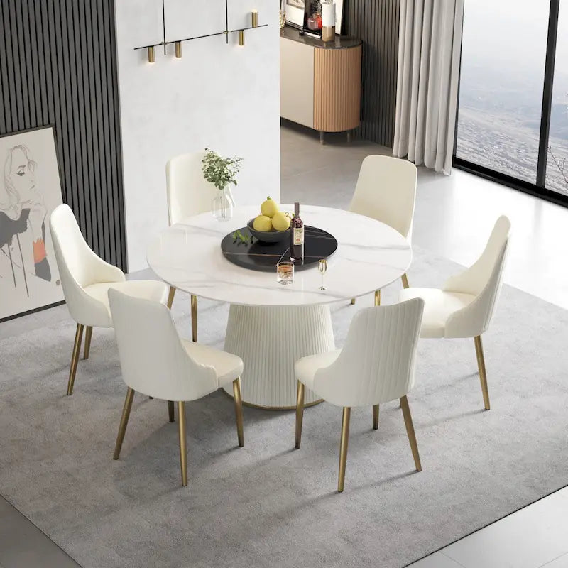 Table à manger ronde de 53 pouces pour 6 personnes avec plateau en pierre frittée et plateau tournant (Lazy Susan)