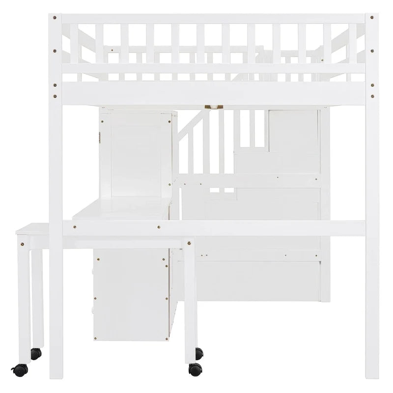 Lit mezzanine double avec escalier, bibliothèque, bureau et armoire – Meuble multifonctionnel et peu encombrant pour enfants et adolescents – Blanc