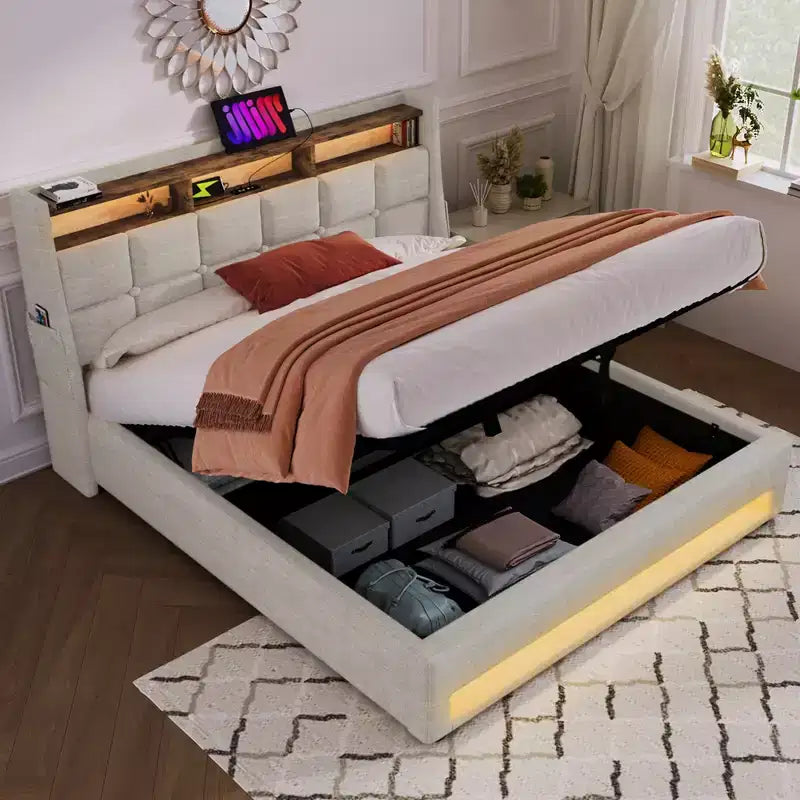 Lit Queen avec rangement hydraulique, LED, USB, tête de lit rembourrée, sans sommier, assemblage facile