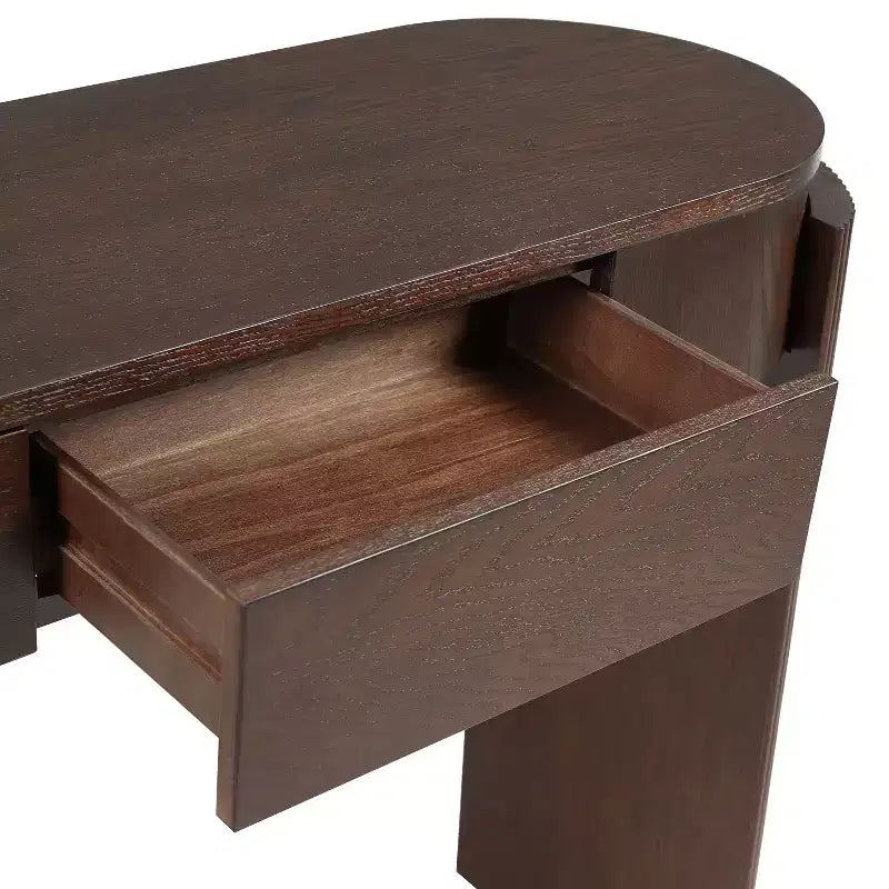Console Merax moderne avec plateau ovale, pieds cannelés courbés et deux tiroirs dissimulés
