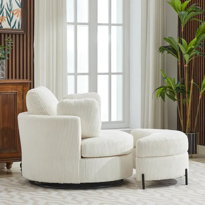 Fauteuil d'appoint pivotant rembourré 42,3 W avec 4 oreillers et pouf de rangement demi-lune