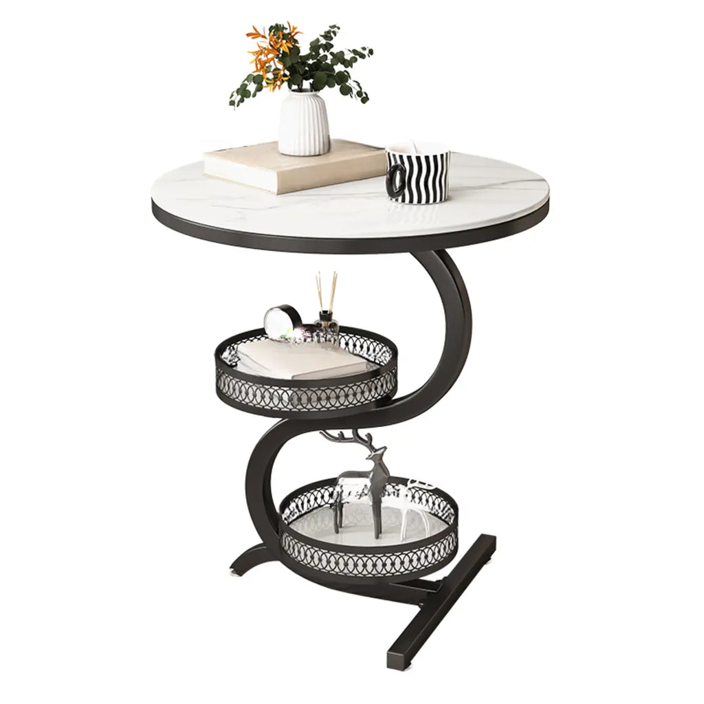 Table d'appoint de canapé en forme de S à 3 niveaux en pierre blanche avec rangement