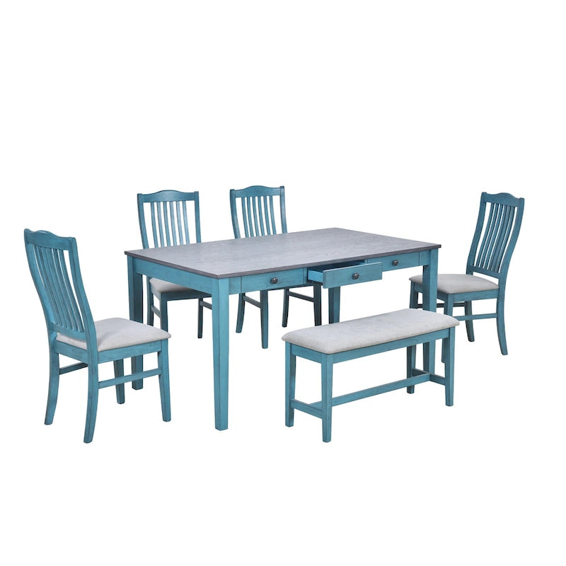 Ensemble de salle à manger 6 pièces en bois avec 4 chaises et un banc, table avec tiroir