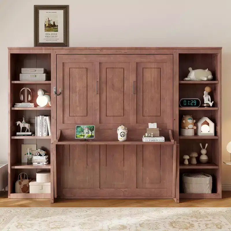 Lit escamotable grand lit/deux places avec bureau et étagère, brun foncé - ModernLuxe