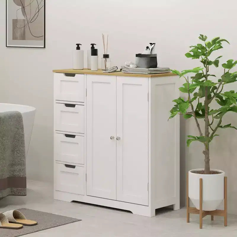 Meuble bas de salle de bain HOMCOM avec étagère réglable, meuble de rangement de salle de bain autoportant avec 4 tiroirs et 2 portes, blanc