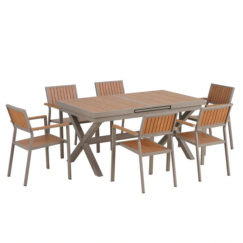 Ensemble de salle à manger d'extérieur extensible 7 pièces avec table extensible et 6 fauteuils