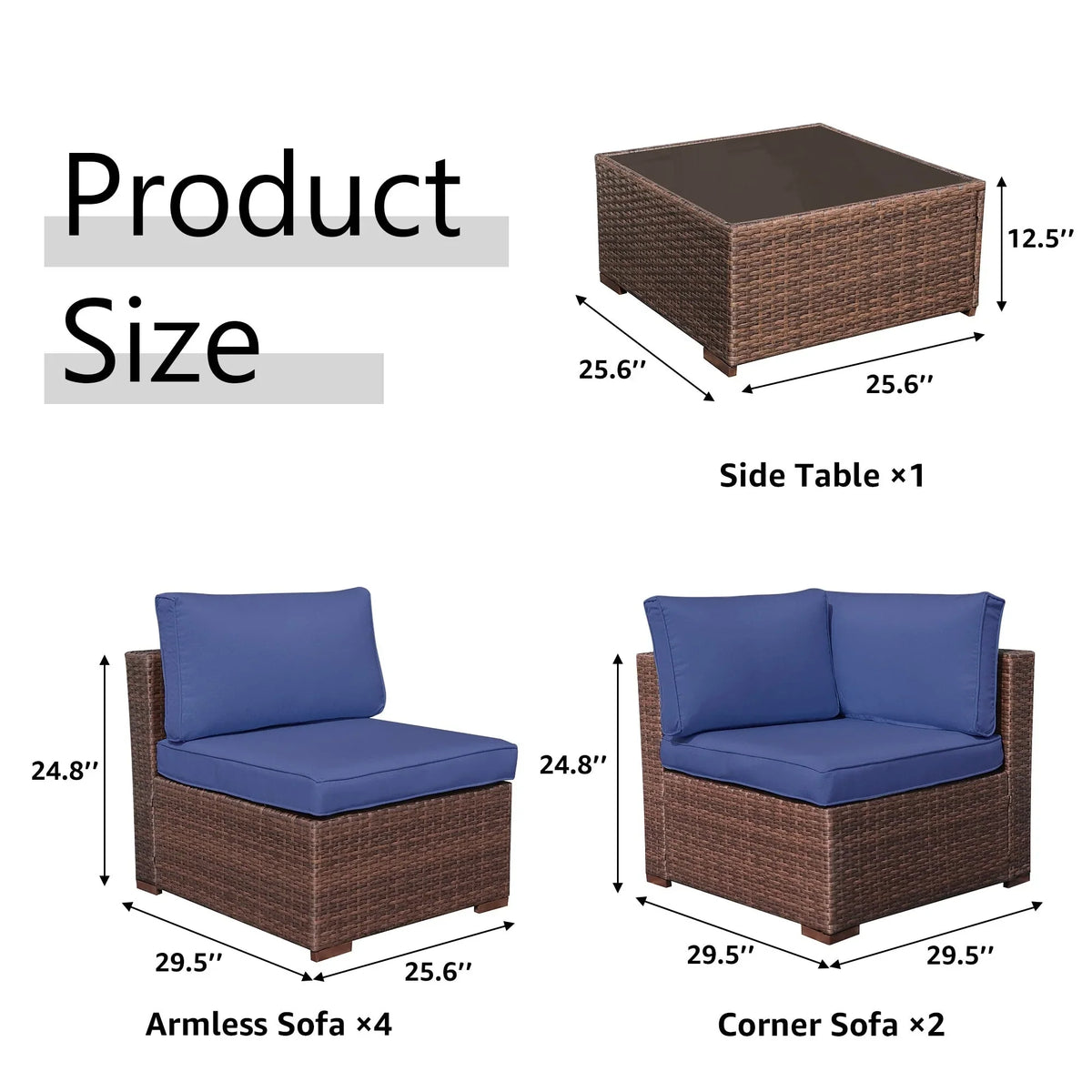Ensemble de canapé d'angle d'extérieur 7 pièces en osier/acier avec coussins