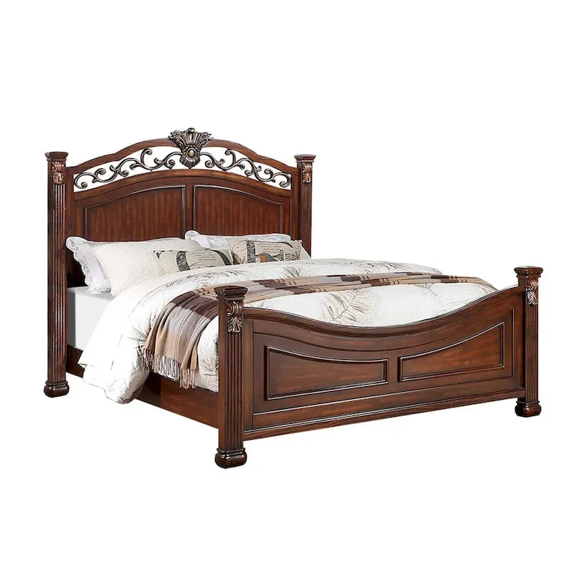 Lit en bois avec tête de lit sculptée en merisier foncé