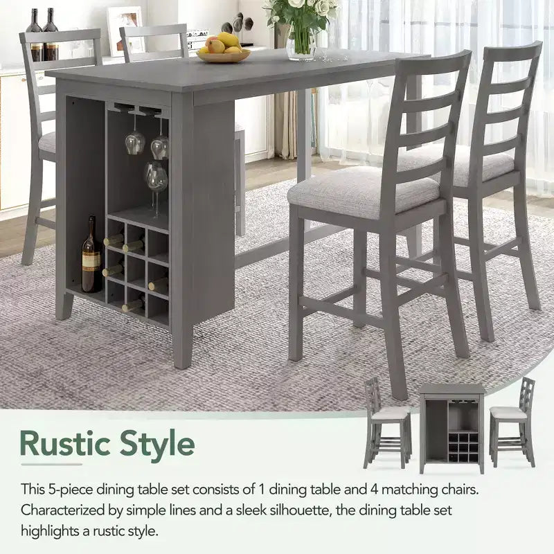 Ensemble de salle à manger 5 pièces de hauteur comptoir pour 4, table rectangulaire en bois avec étagères de rangement et compartiment à vin/barre