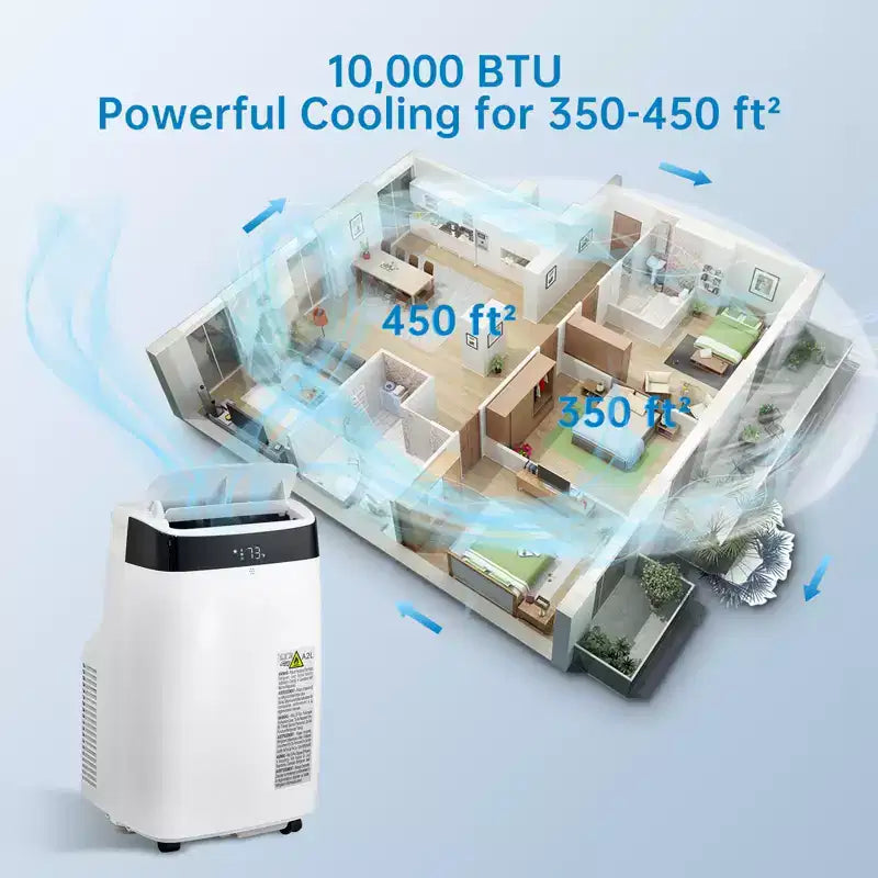 Climatiseur portable 10 000 BTU, Climatiseur de maison avec télécommande pour pièce jusqu'à 42 m², fonctions 3-en-1/minuterie 24h/roulettes