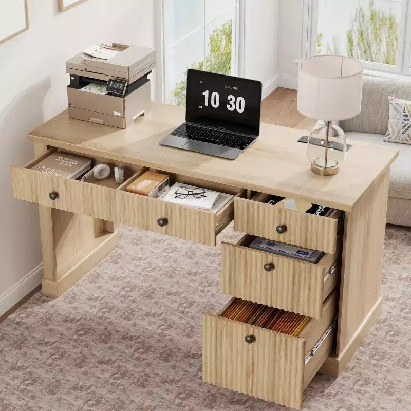 Meuble de rangement de bureau cannelé, bureau de direction moderne de 54 po avec station de recharge, bureau d'ordinateur en bois avec tiroirs classeurs pour bureau d'étude