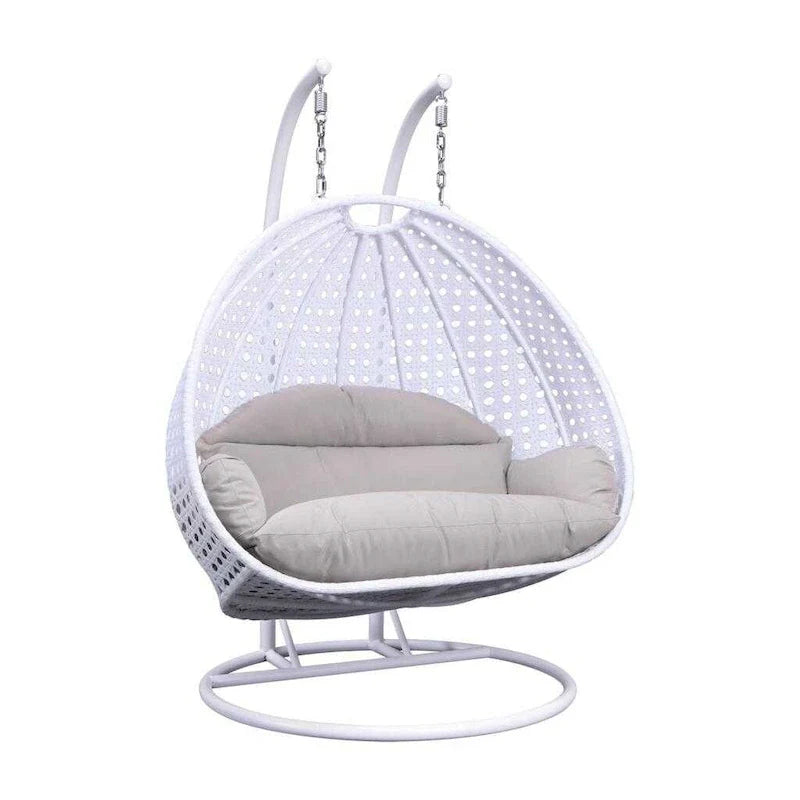 Fauteuil suspendu en forme d'œuf avec support métallique, cadre en osier et coussin – Beige / Bleu anthracite / Blanc / Bleu / Blanc antique / Marron / Toile, 2 places