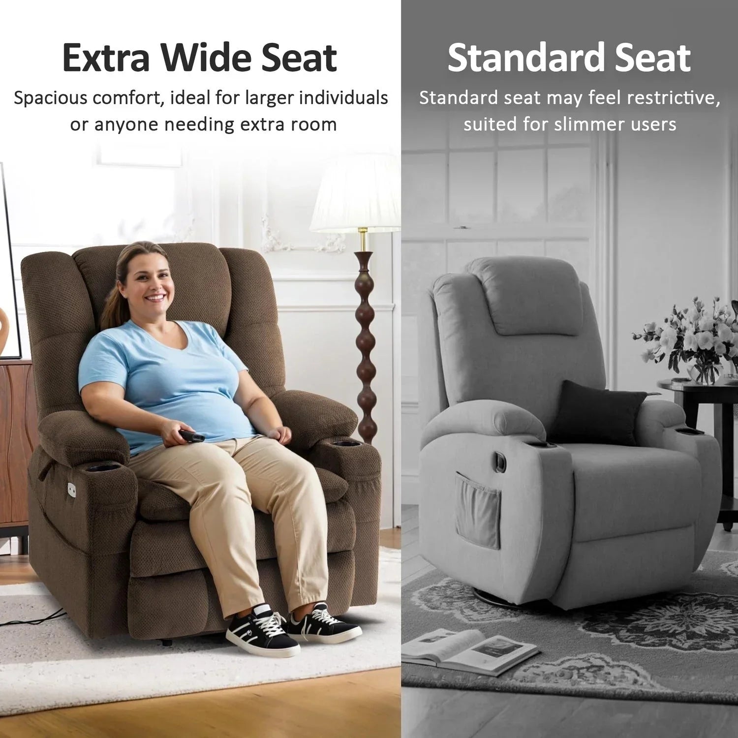 Fauteuil inclinable électrique double moteur grand et large MCombo avec massage et double chauffage pour personnes âgées de grande taille, tissu R7635
