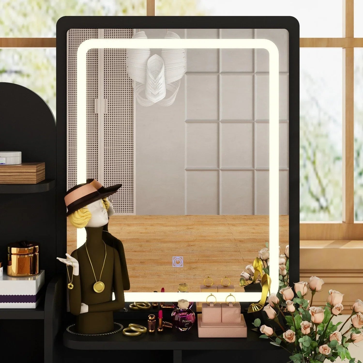 Coiffeuse avec miroir LED intégré et tabouret
