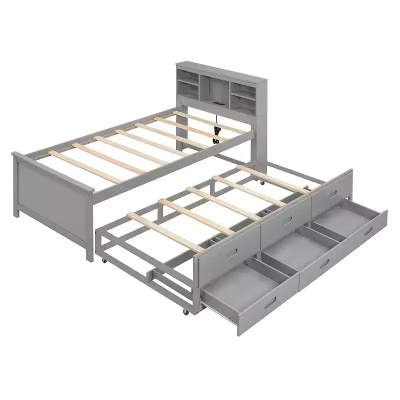 Lit plateforme avec lit gigogne et tiroirs, lit plateforme de rangement avec USB, lit plateforme en bois avec bibliothèque