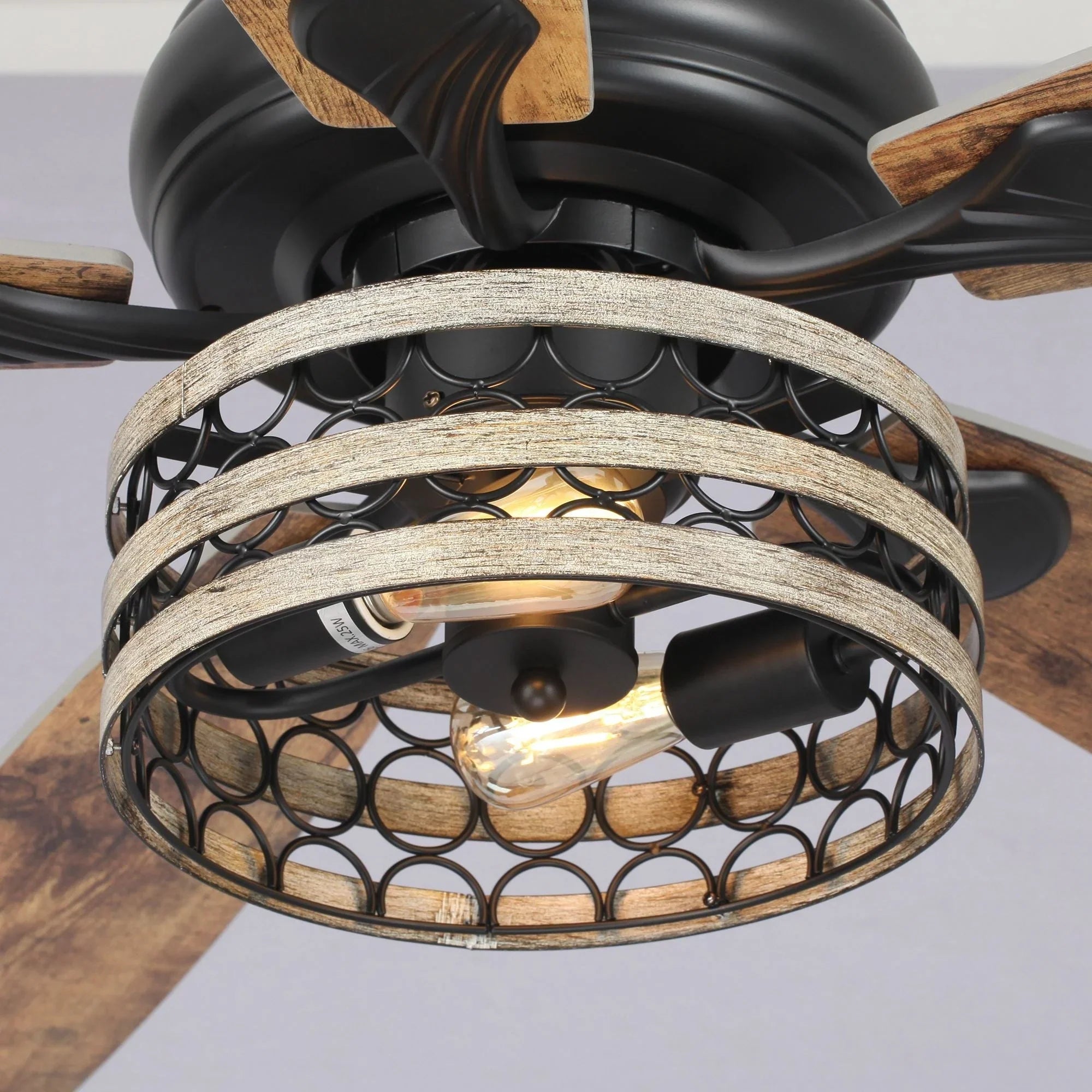 Ventilateur de plafond 52" Farmhouse Driftwood avec 5 pales, cage noire et télécommande
