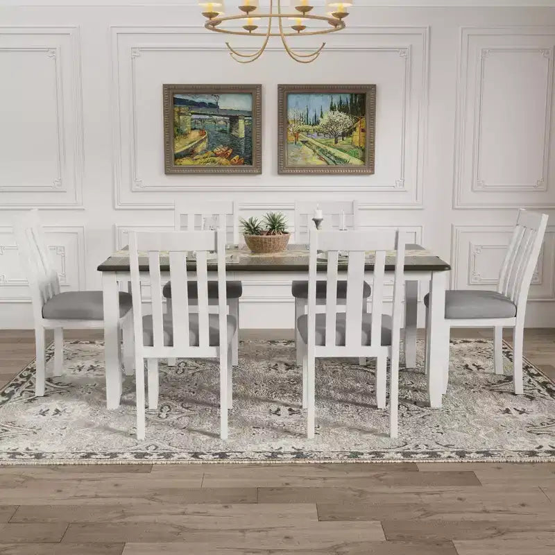 Ensemble de salle à manger extensible de style ferme pour 6 personnes, table rectangulaire et 6 chaises rembourrées