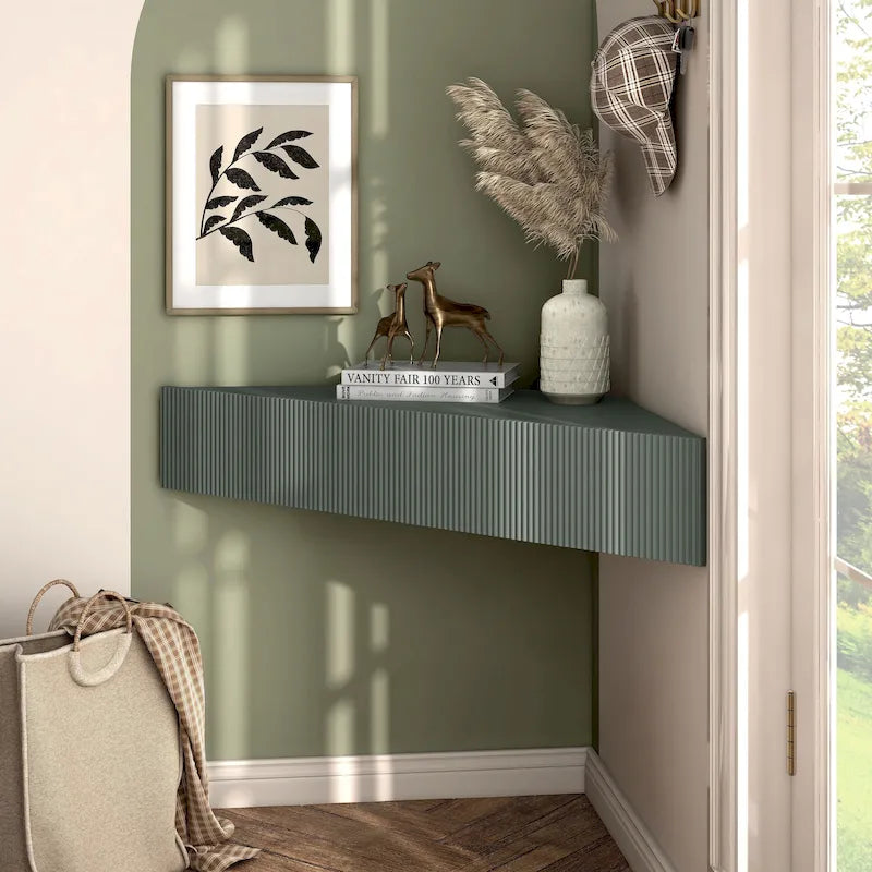 Meuble TV d'angle flottant de 119 cm, 3 étagères, style transitionnel, fixation murale gain de place