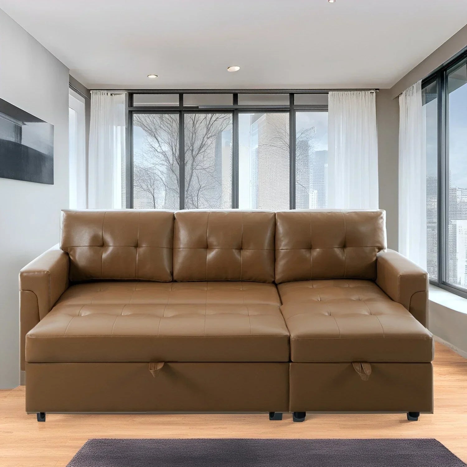 Canapé d'angle réversible convertible avec lit gigogne, méridienne de rangement et pieds durables