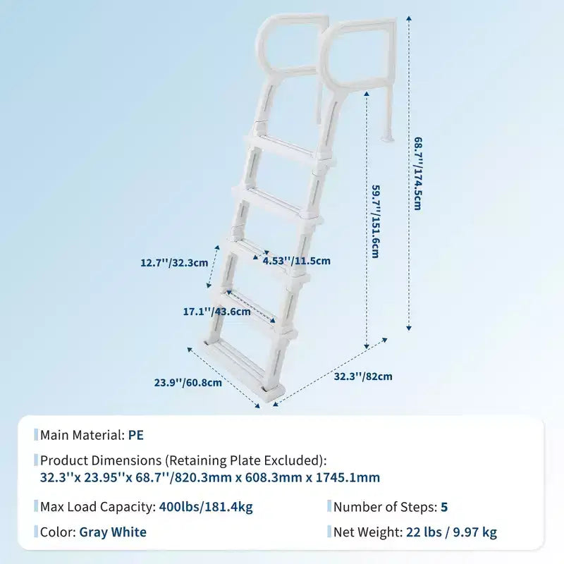 Échelle de piscine robuste à 5 marches avec double main courante Marches antidérapantes en PE résistant Capacité de 180 kg Convient aux piscines enterrées et hors sol de 122 à 137 cm